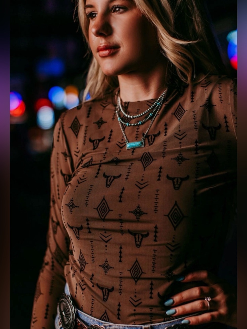 Brown Retro Western Printed Long-Sleeve Mesh Top